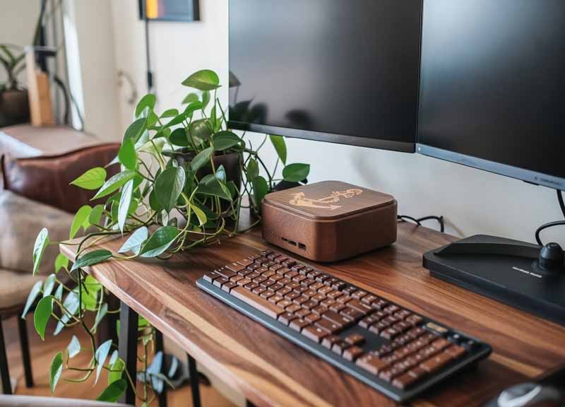 Bureau informatique intégré salon décoration bois et plantes