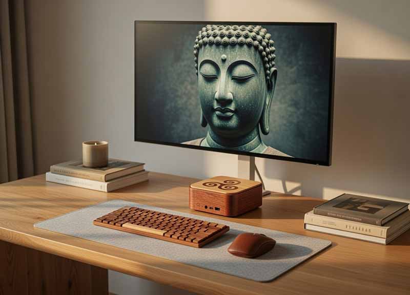 Bureau minimaliste zen avec ordinateur en hêtre clair et sipo foncé et décoration épurée.