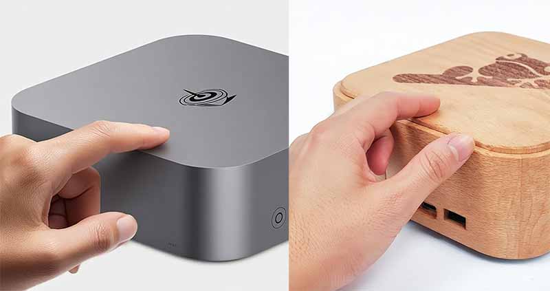 Contraste tactile entre métal froid et bois naturel sur un mini PC