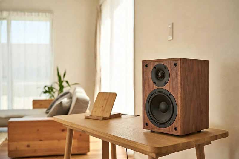 Salon décoration naturelle avec enceintes connectées bois et chargeur induction invisible