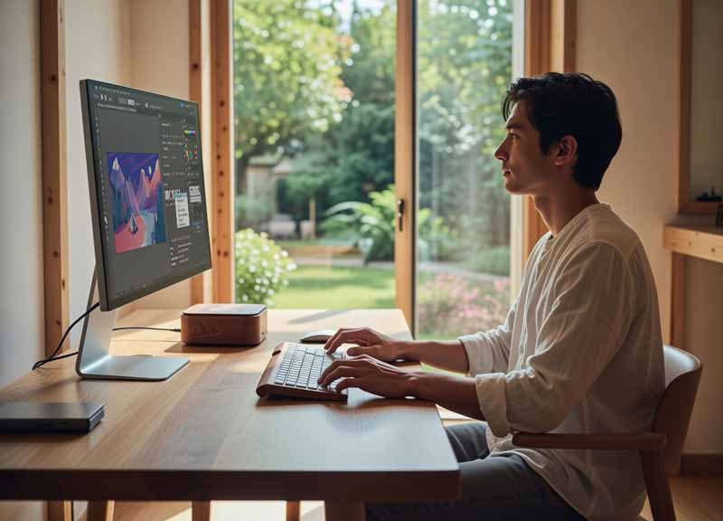 Utilisateur serein travaillant sur un bureau équipé d'objets technologiques naturels.